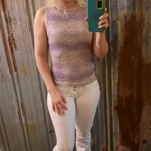 VINTAGE Lavender Floral Lace Sequin Covered Top With See Through Back